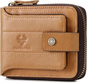 gzcz Mens Wallet with Zipper Genuine Leather Bifold Purse for Men ID Window and Zip Coin Pocket (Brown)