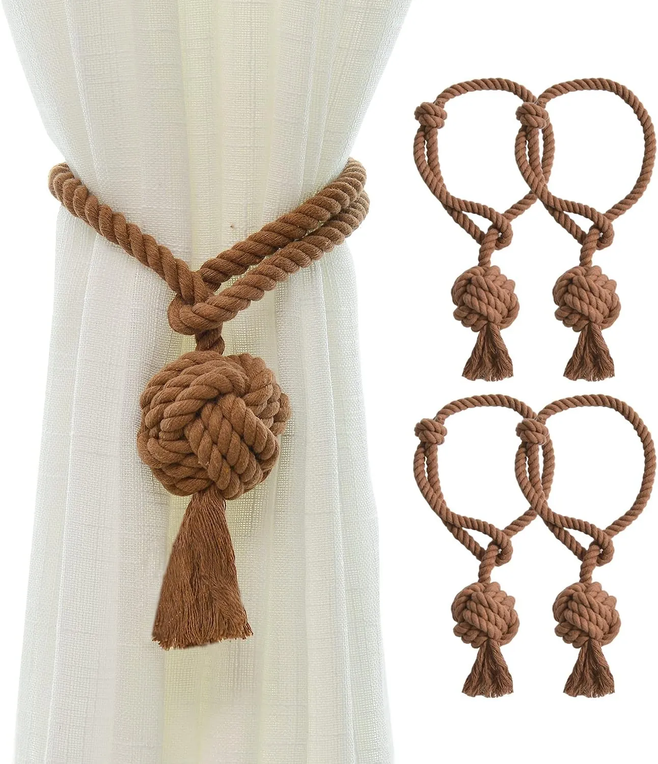 Hand Knitting Curtain Tiebacks Rope for Draperies - Decorative Rustic Holdbacks, Rope Holdbacks Holders for Sheer Curtain and Outdoor Curtain(Set of 4, Coffee)