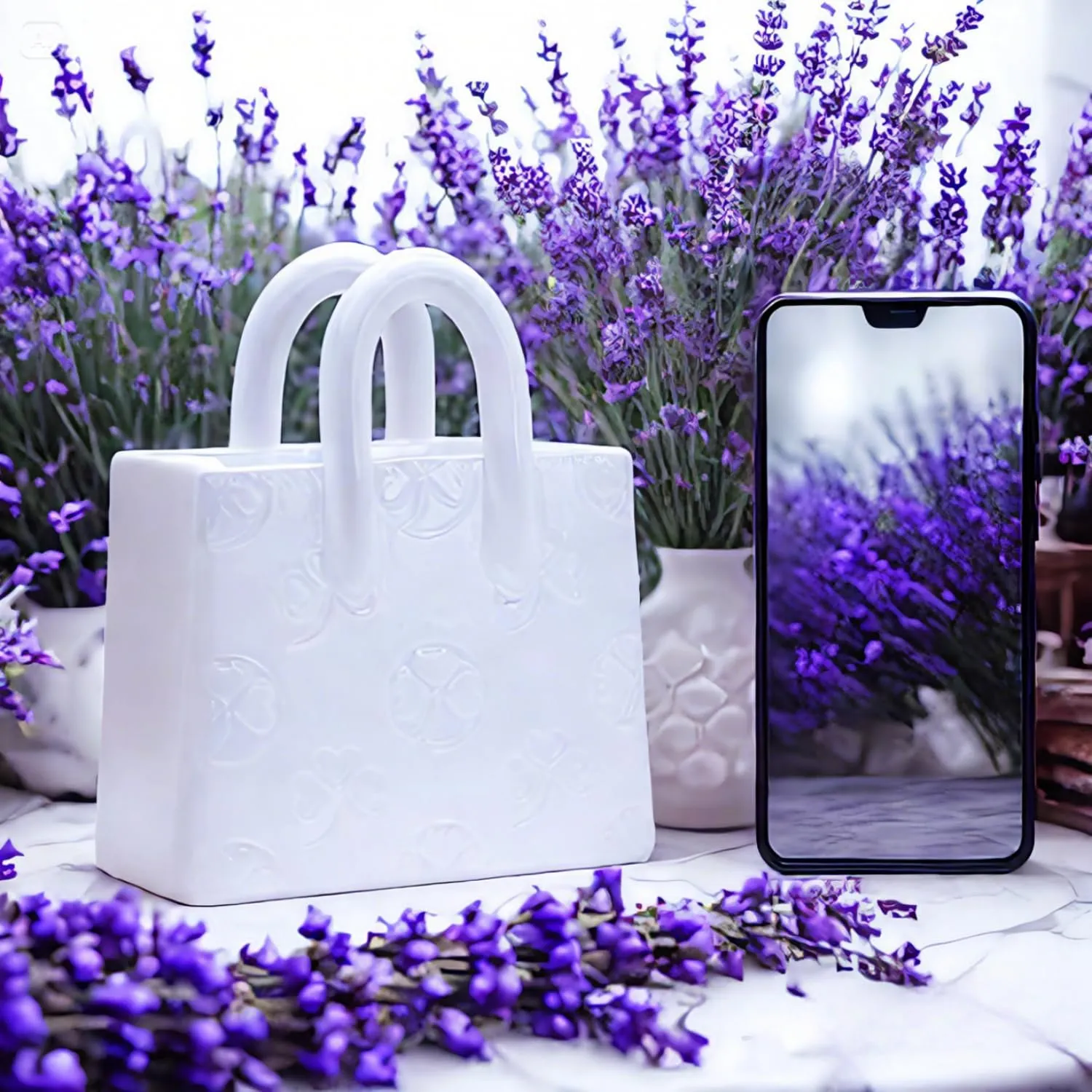 Handbag Shaped Ceramic Vase – White Small Decorative Vase with Clover Pattern, 5.9" L x 2.95" W x 7.08" H, Multi-Use for Flowers, Makeup Brushes & Pens, Elegant Gift for Women, Home & Wedding Decor