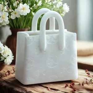 Handbag Shaped Ceramic Vase – White Small Decorative Vase with Clover Pattern, 5.9" L x 2.95" W x 7.08" H, Multi-Use for Flowers, Makeup Brushes & Pens, Elegant Gift for Women, Home & Wedding Decor