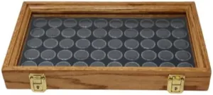 Handcrafted Oak Display Case for Coins, Gemstones, 24/36/50 Compartments, Black or White Foam with Glass Top Lid and Lockable Latches (Black, 50 Quarter Size)