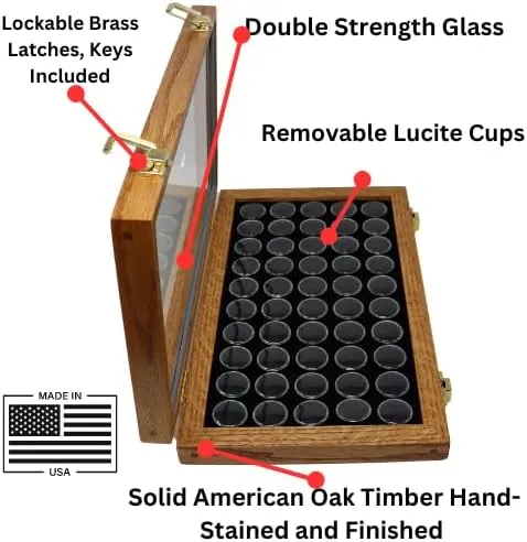 Handcrafted Oak Display Case for Coins, Gemstones, 24/36/50 Compartments, Black or White Foam with Glass Top Lid and Lockable Latches (Black, 50 Quarter Size)