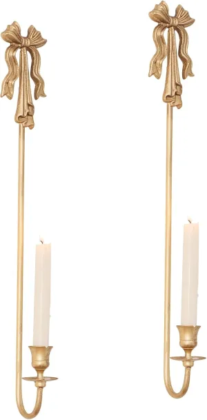 Handmade Chic Bow Gold Candle Sconces Long Wall Candle Holder Pack of 2,Distressed Metal Wall Mounted Candle Holder for Home Decor 20.8" H (Gold)