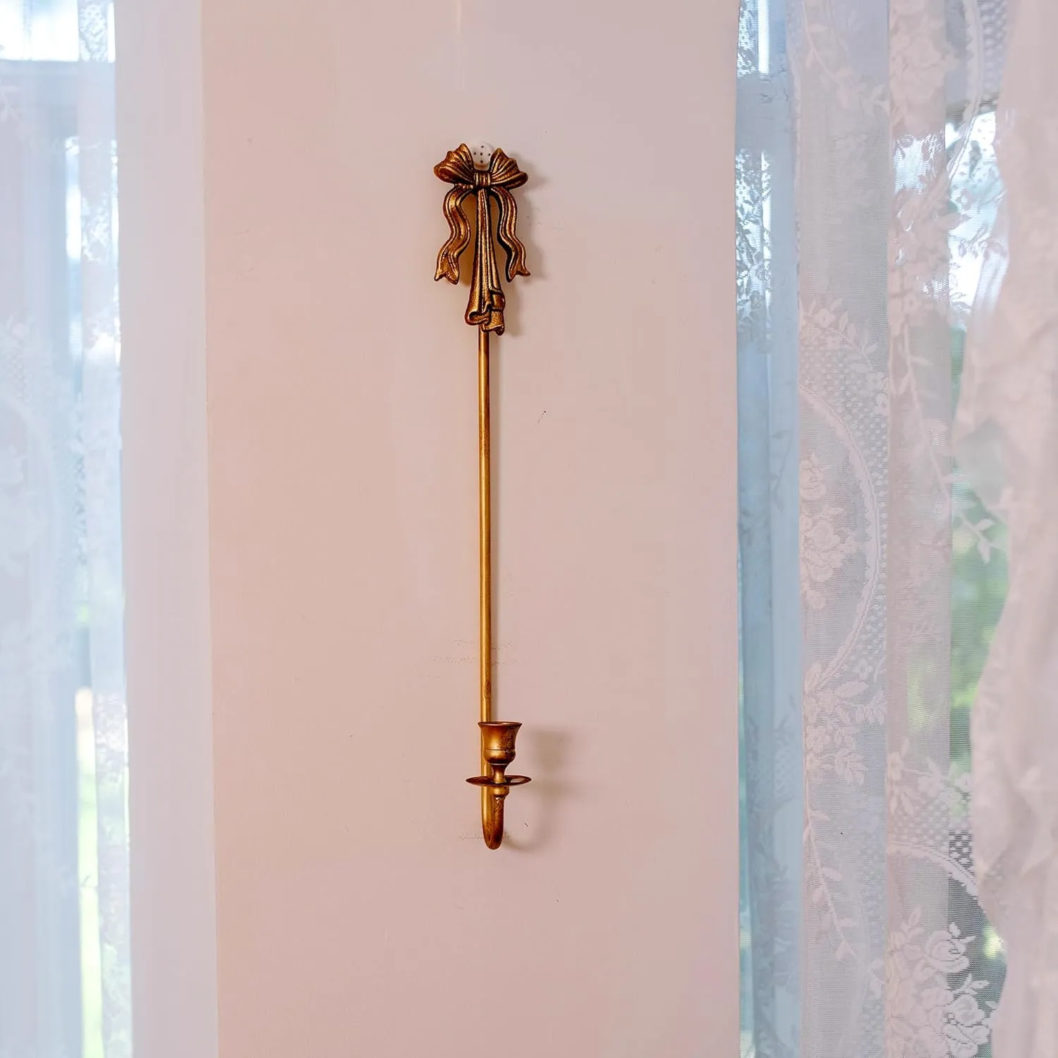 Handmade Chic Bow Gold Candle Sconces Long Wall Candle Holder Pack of 2,Distressed Metal Wall Mounted Candle Holder for Home Decor 20.8" H (Gold)