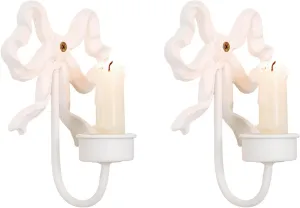 Handmade Chic Bow White Candle Sconces Wall Candle Holder Pack of 2,Distressed Metal Wall Mounted Candle Holder for Home Decor 6.2" H (White)