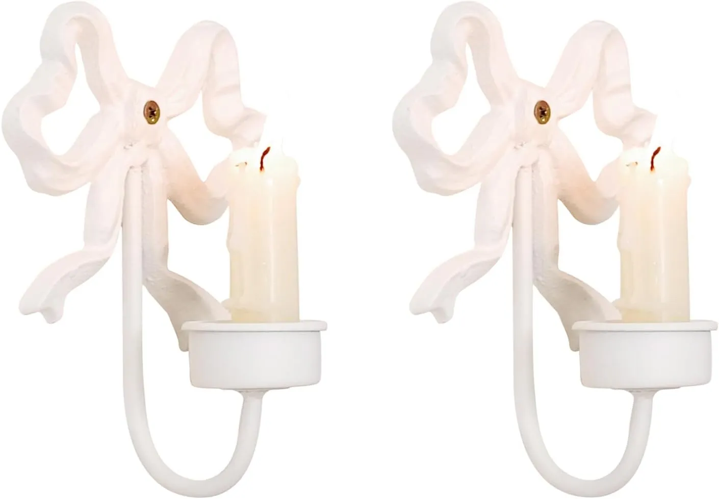 Handmade Chic Bow White Candle Sconces Wall Candle Holder Pack of 2,Distressed Metal Wall Mounted Candle Holder for Home Decor 6.2" H (White)