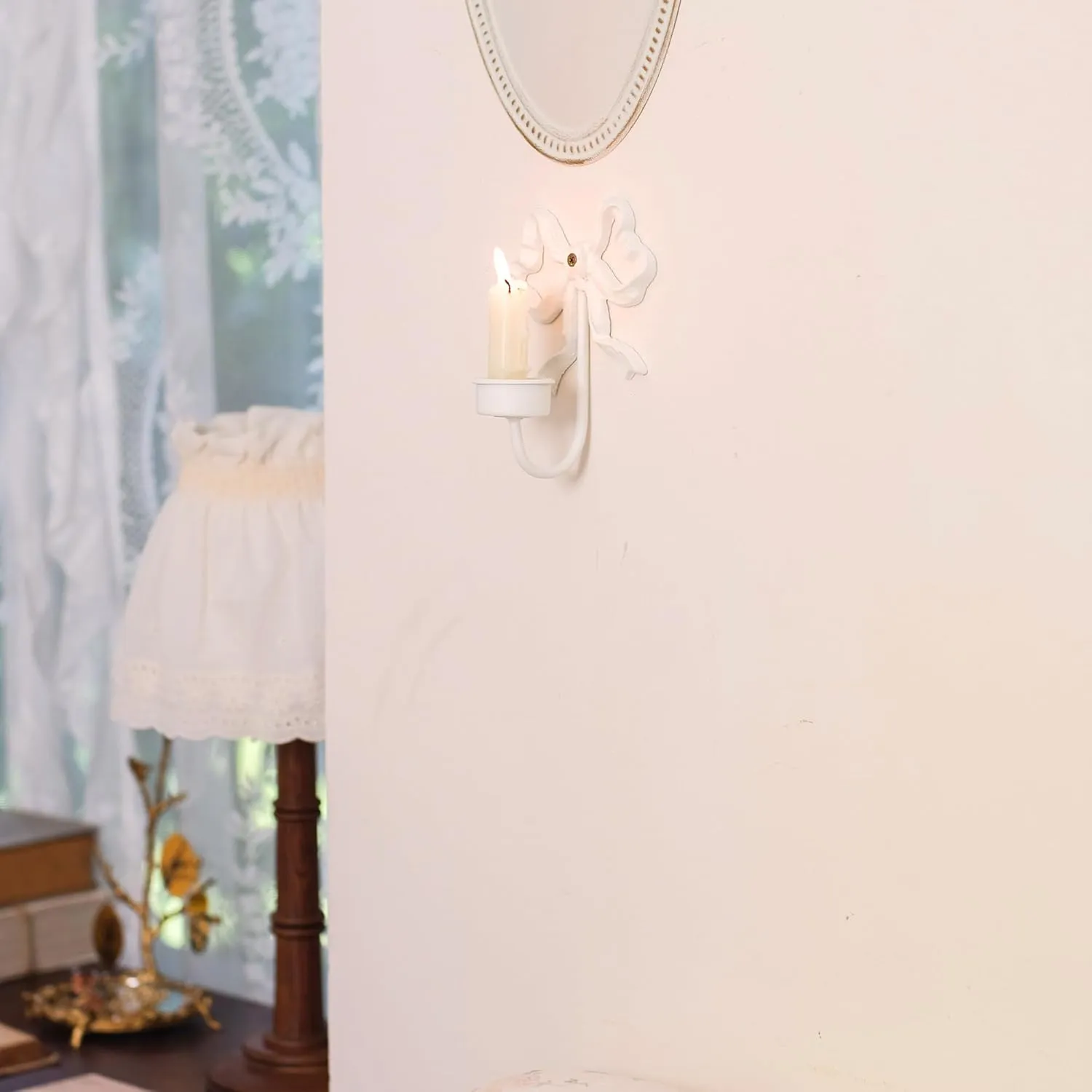 Handmade Chic Bow White Candle Sconces Wall Candle Holder Pack of 2,Distressed Metal Wall Mounted Candle Holder for Home Decor 6.2" H (White)