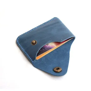 Handmade Genuine Leather Card Holder with Snap Closure - Ultra Slim Minimalist Wallet, Hand-Stitched Compact Front Pocket Card Case for Men & Women (Blue)