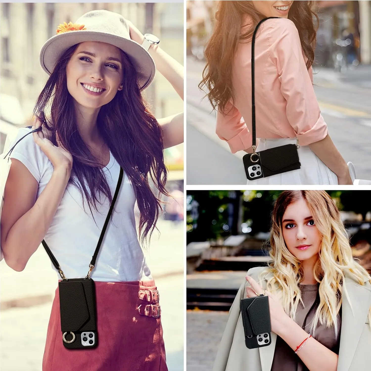 HANDODO Crossbody Phone Case for iPhone 15 Pro, Vegan Leather Detachable Wallet Case with RFID Blocking Card Holder Adjustable Strap Shockproof Kickstand, Black
