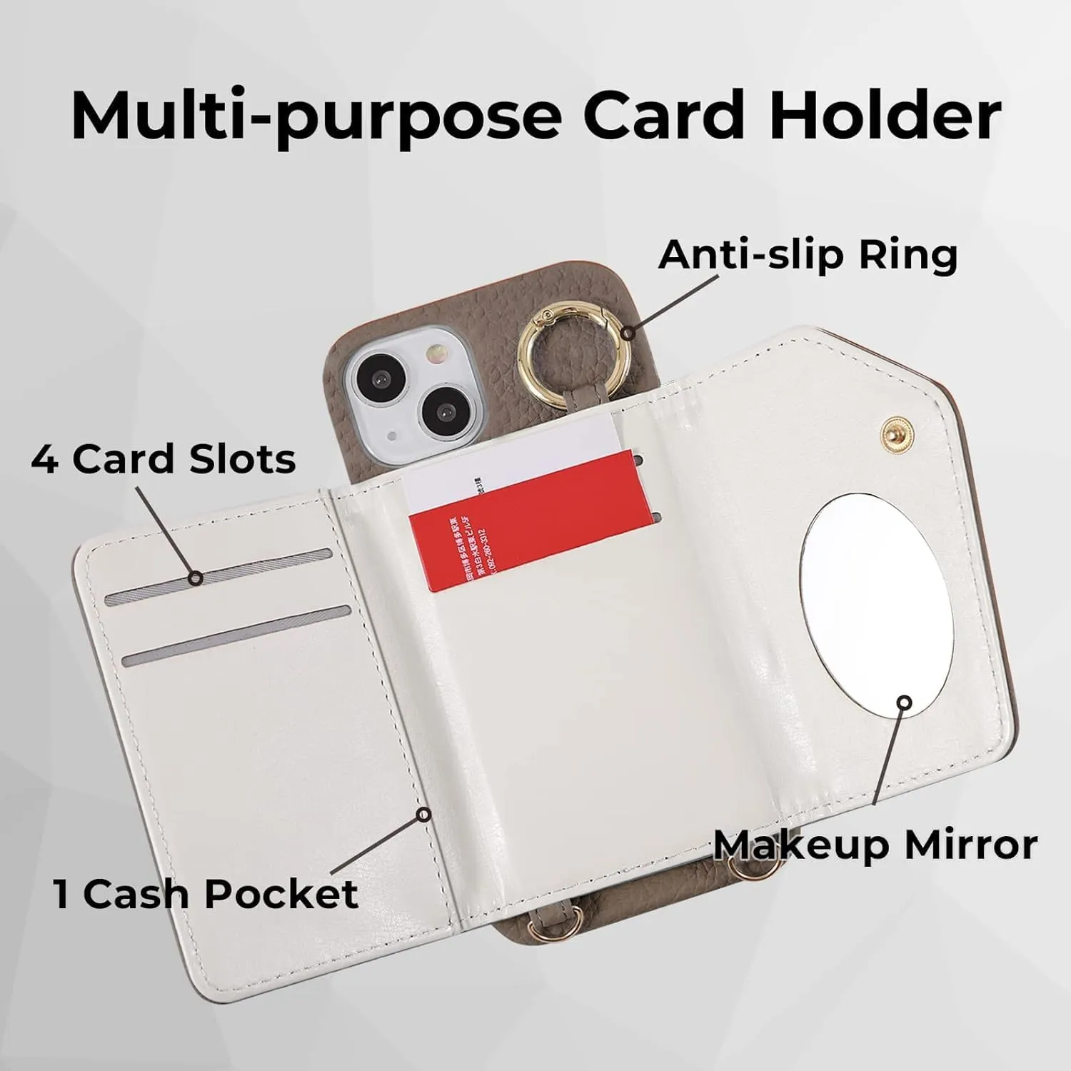 HANDODO Wallet Case Compatible iPhone 14,Women Vegan Leather Detachable Crossbody Phone Case with RFID Blocking Card Holder Adjustable Strap Shockproof Kickstand Phone Wallet (Greige)
