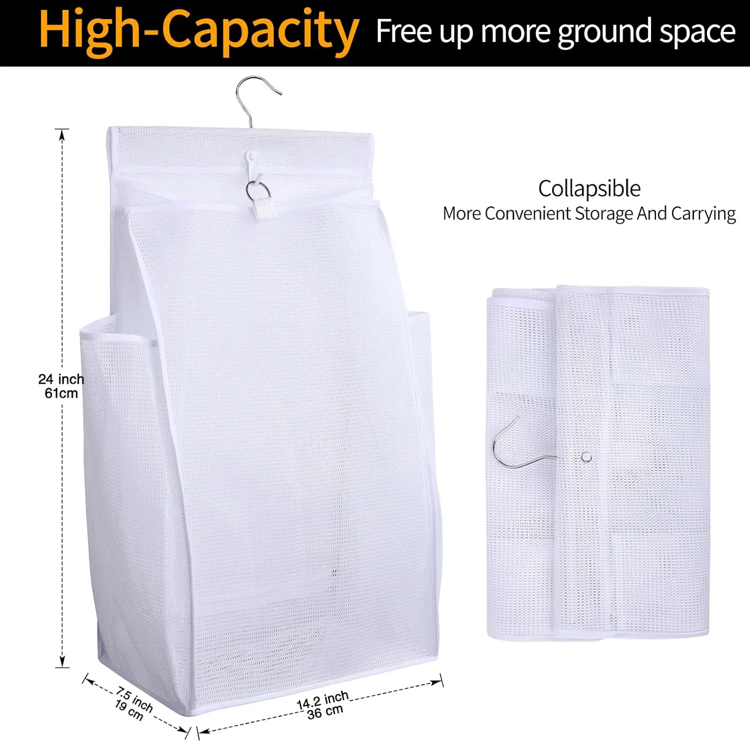 Hanging Collapsible Breathable Mesh Laundry Hamper, White, 24 x 14.2 x 7.5 in