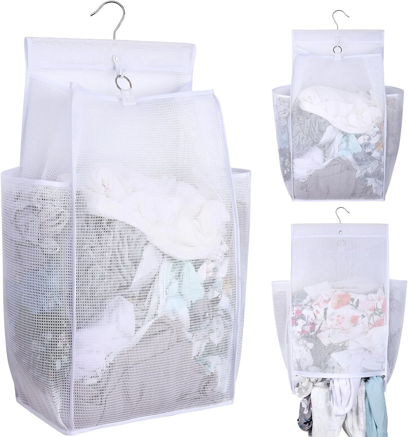 Hanging Collapsible Breathable Mesh Laundry Hamper, White, 24 x 14.2 x 7.5 in