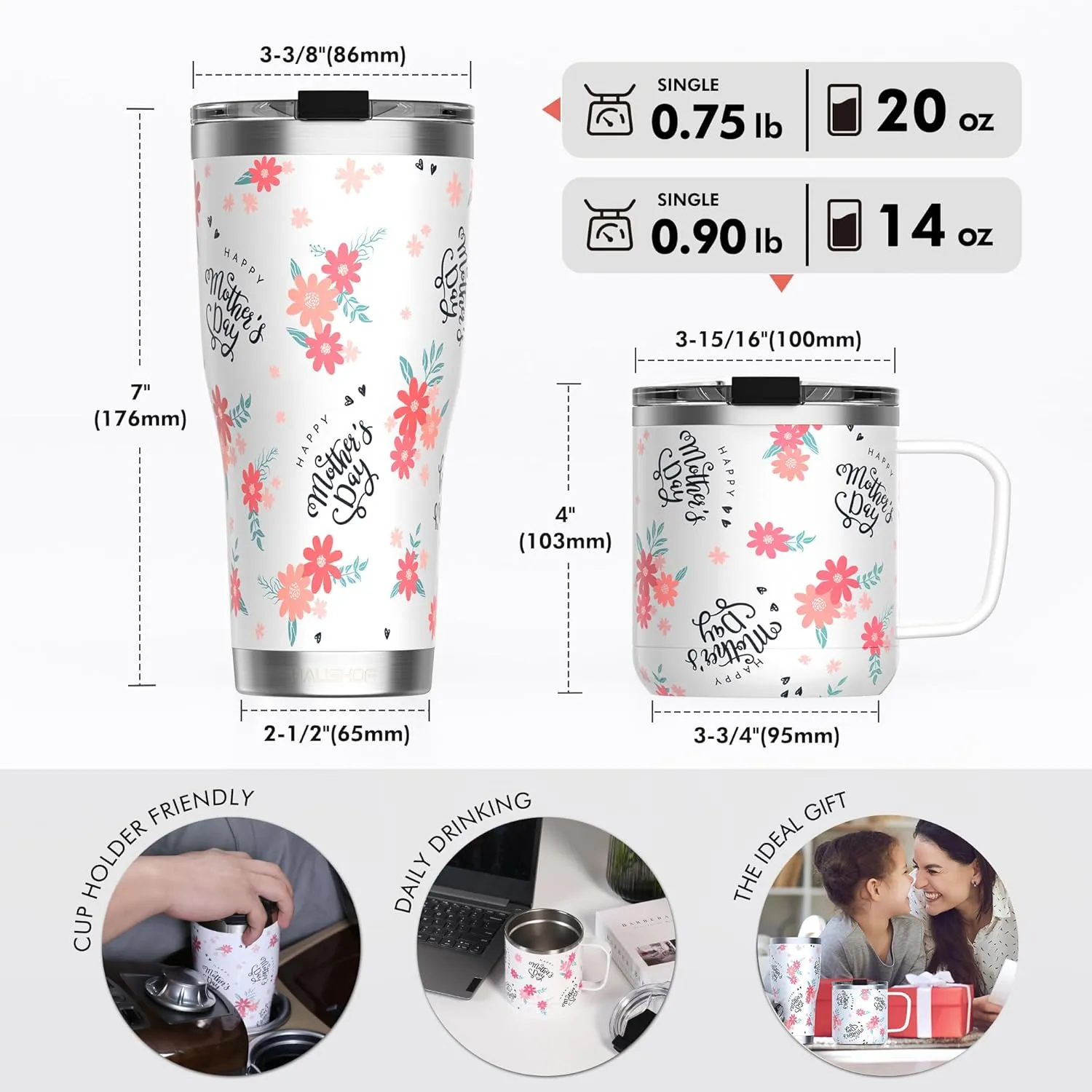 HAUSHOF Mom Mug with Lid, 14 oz Insulated Coffee Mug with Handle for Best Mom, Birthday Mother's Day Gift, Floral Happy Mother's Day