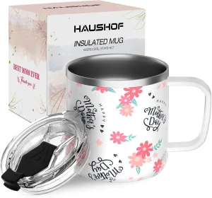 HAUSHOF Mom Mug with Lid, 14 oz Insulated Coffee Mug with Handle for Best Mom, Birthday Mother's Day Gift, Floral Happy Mother's Day