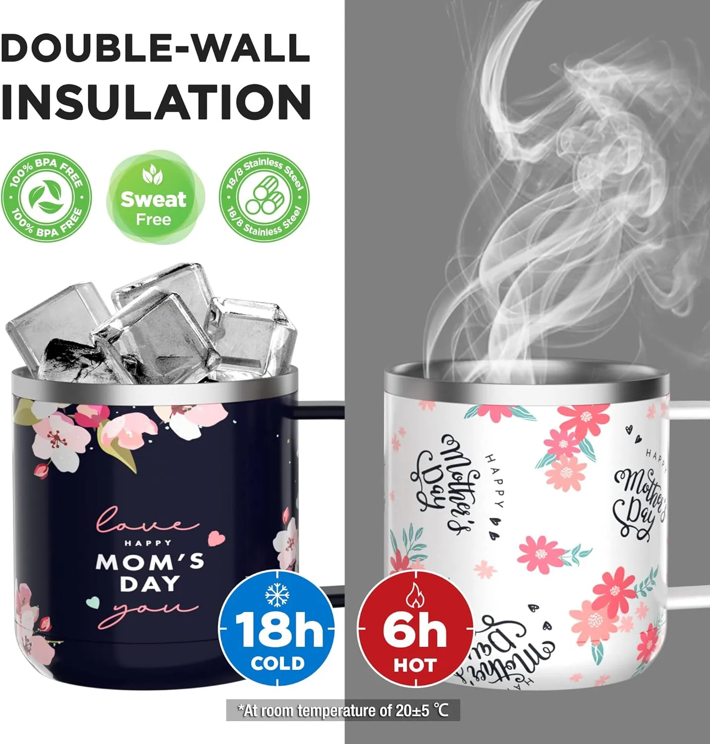 HAUSHOF Mom Mug with Lid, 14 oz Insulated Coffee Mug with Handle for Best Mom, Birthday Mother's Day Gift, Floral Happy Mother's Day