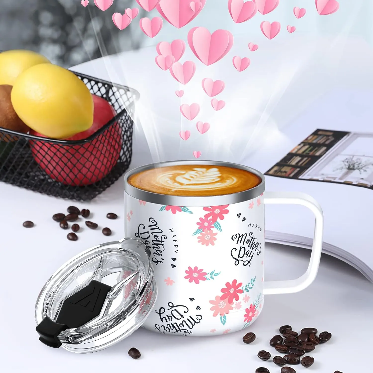 HAUSHOF Mom Mug with Lid, 14 oz Insulated Coffee Mug with Handle for Best Mom, Birthday Mother's Day Gift, Floral Happy Mother's Day