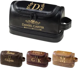 HDSD Personalized Travel Leather Toiletry Bag for Men Hanging Custom Groomsmen Gifts Cosmetic and Toiletries Bag (Black)