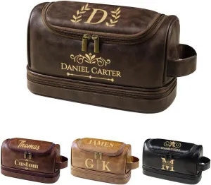 HDSD Personalized Travel Leather Toiletry Bag for Men Hanging Custom Groomsmen Gifts Cosmetic and Toiletries Bag (Dark Brown)