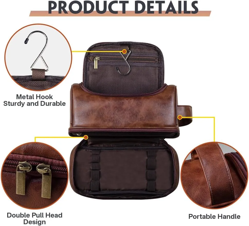 HDSD Personalized Travel Leather Toiletry Bag for Men Hanging Custom Groomsmen Gifts Cosmetic and Toiletries Bag (Dark Brown)