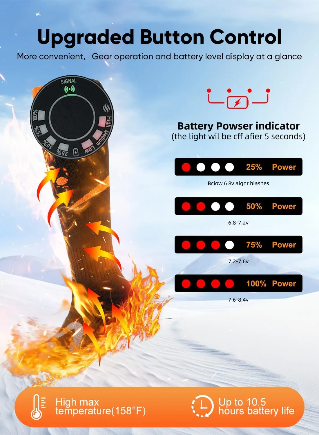 Heated Socks, Auxemu 7.4v 5000mah Rechargeable Heated Socks for Women Men with APP/Upgraded Button Control, 360° Heating Feet Warmer for Winter Hunting Fishing Skiing Outdoors
