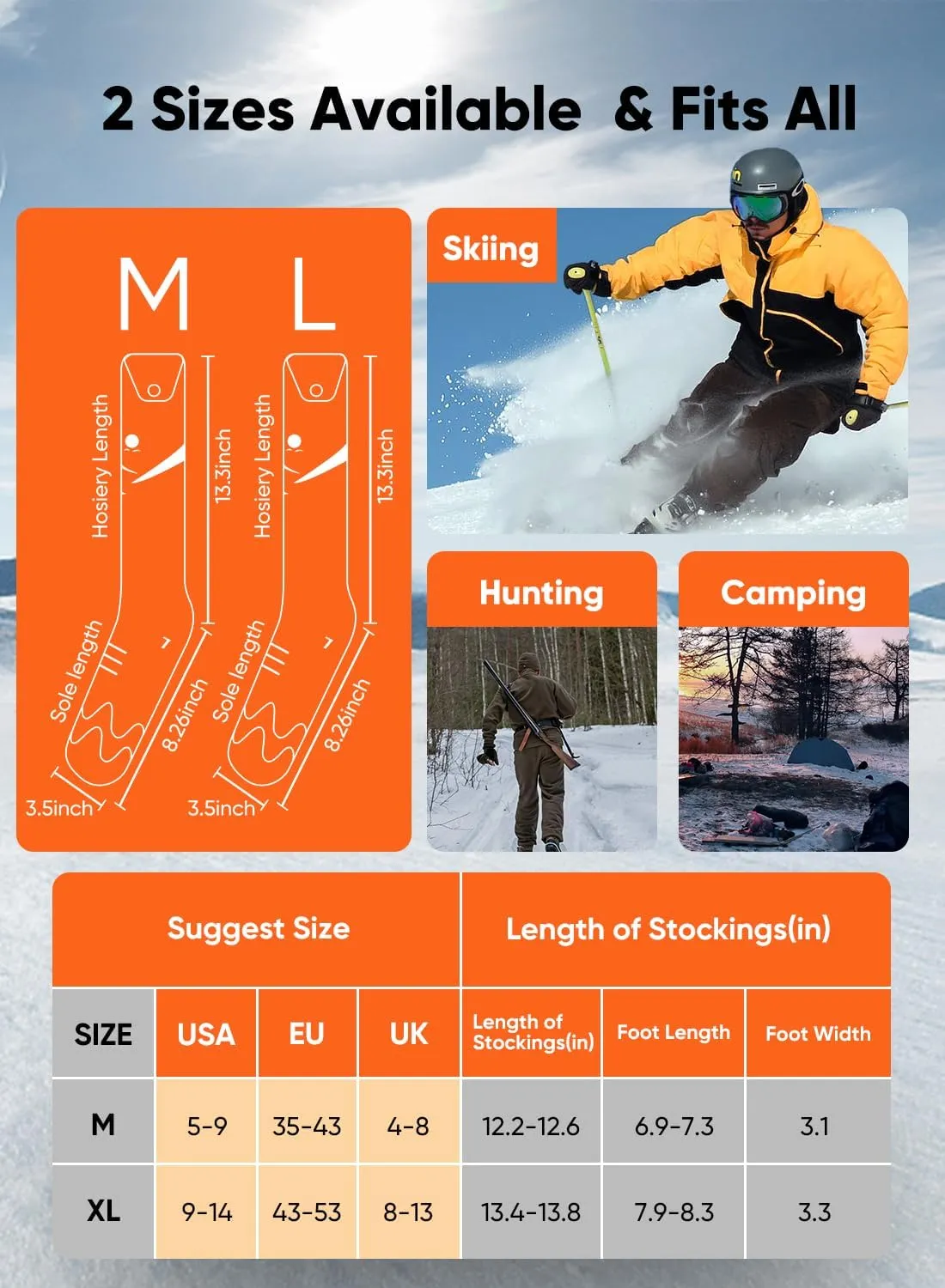 Heated Socks, Auxemu 7.4v 5000mah Rechargeable Heated Socks for Women Men with APP/Upgraded Button Control, 360° Heating Feet Warmer for Winter Hunting Fishing Skiing Outdoors