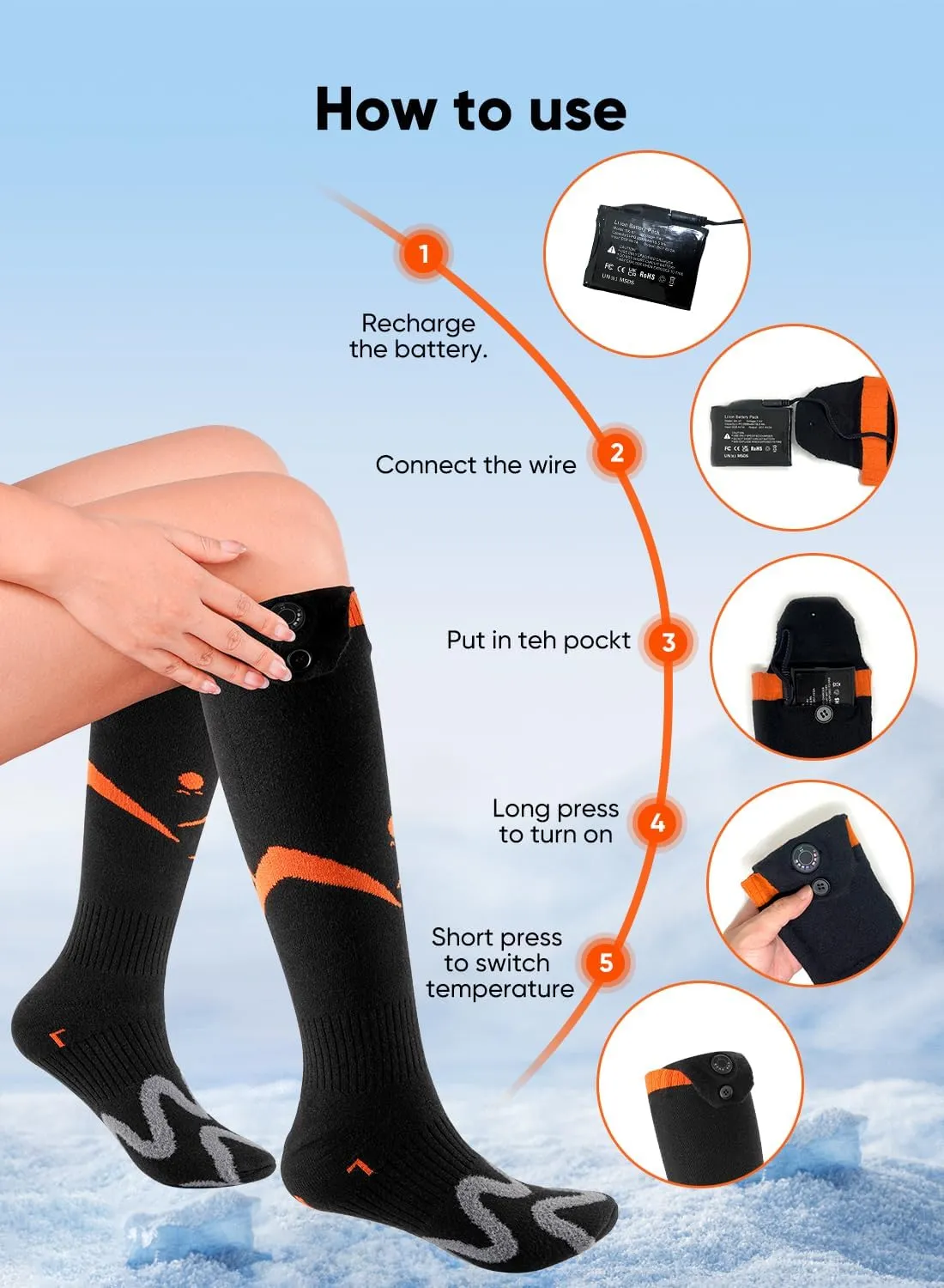 Heated Socks, Auxemu 7.4v 5000mah Rechargeable Heated Socks for Women Men with APP/Upgraded Button Control, 360° Heating Feet Warmer for Winter Hunting Fishing Skiing Outdoors
