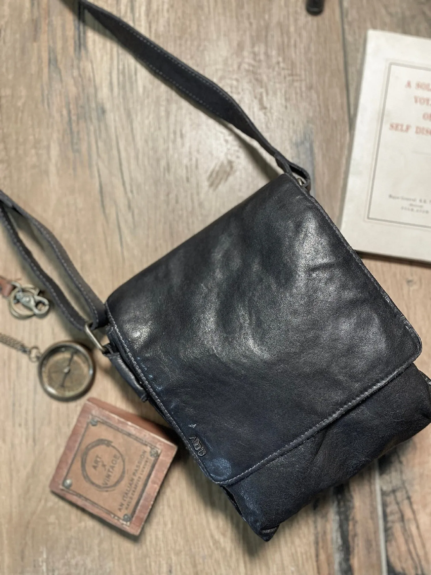 Henry: Black Flap Bag Cross Body In Veg Tan Leather by art n vintage