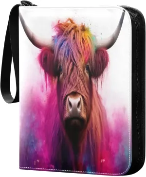 Highland Cow Colorful Card Binder with Double Sided PU Leather Holder Albums Book with 400 Pockets for Collectible Trading Card Games Card