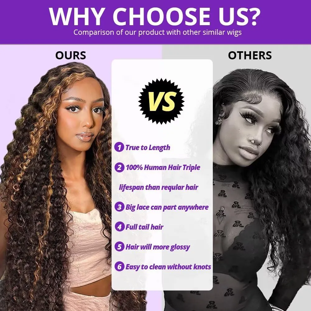 Highlight Deep Wave Lace Front Wigs Human Hair 34 Inch 13x6 HD Transparent Lace Front Wigs 200 Density 1/30 Glueless Ombre Brown Curly Wig for Women Pre Plucked with Baby Hair