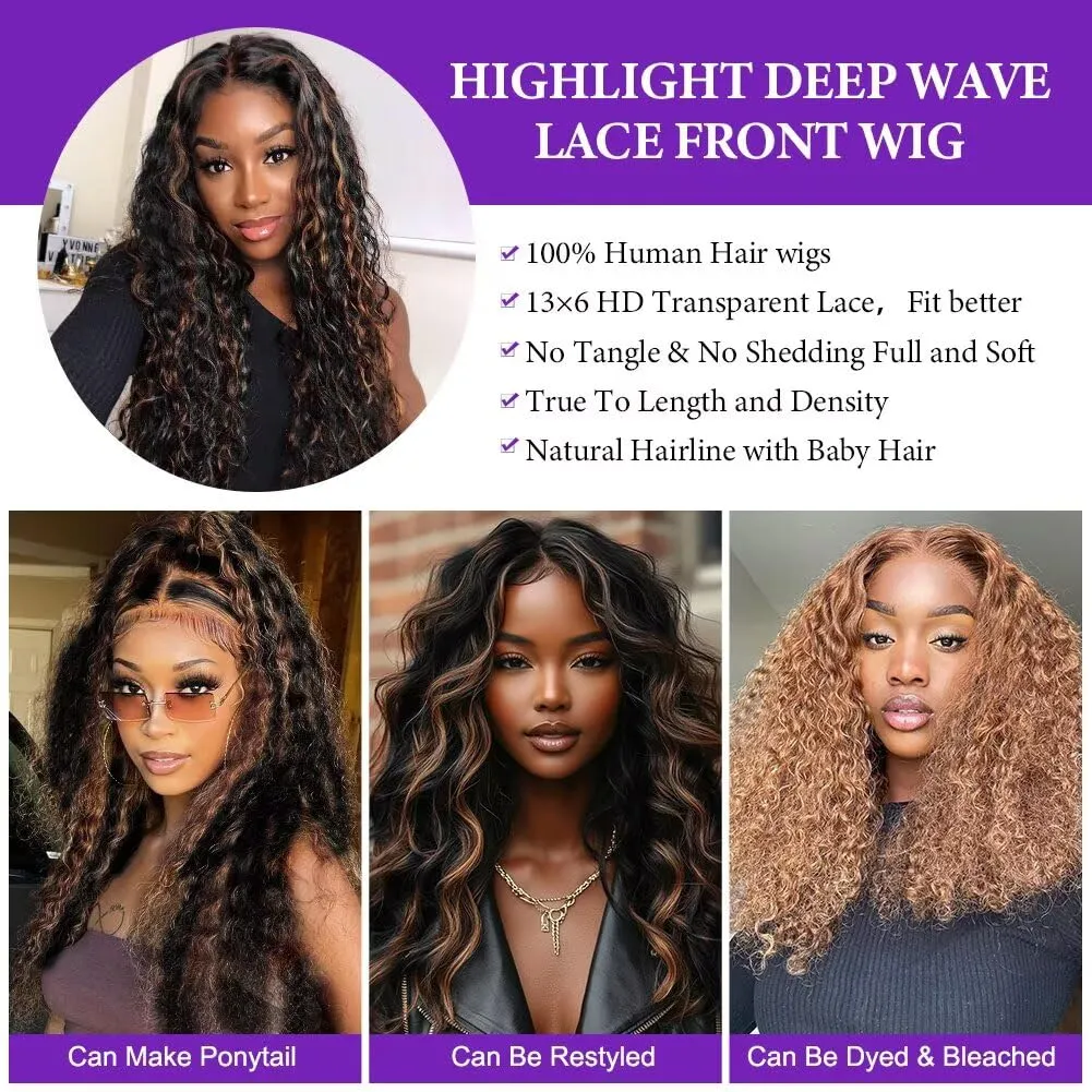 Highlight Deep Wave Lace Front Wigs Human Hair 34 Inch 13x6 HD Transparent Lace Front Wigs 200 Density 1/30 Glueless Ombre Brown Curly Wig for Women Pre Plucked with Baby Hair