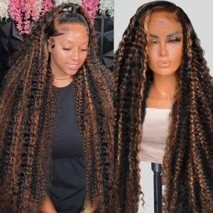 Highlight Deep Wave Lace Front Wigs Human Hair 34 Inch 13x6 HD Transparent Lace Front Wigs 200 Density 1/30 Glueless Ombre Brown Curly Wig for Women Pre Plucked with Baby Hair