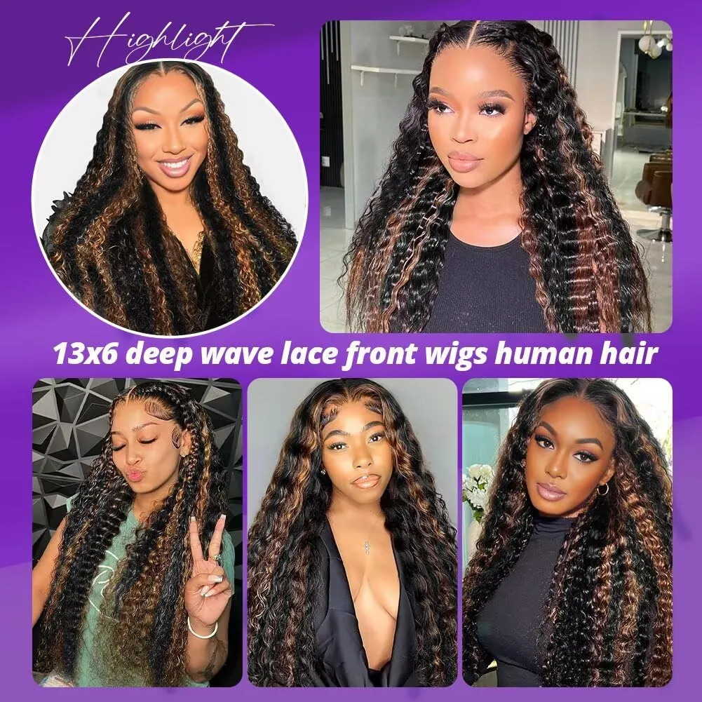 Highlight Deep Wave Lace Front Wigs Human Hair 34 Inch 13x6 HD Transparent Lace Front Wigs 200 Density 1/30 Glueless Ombre Brown Curly Wig for Women Pre Plucked with Baby Hair