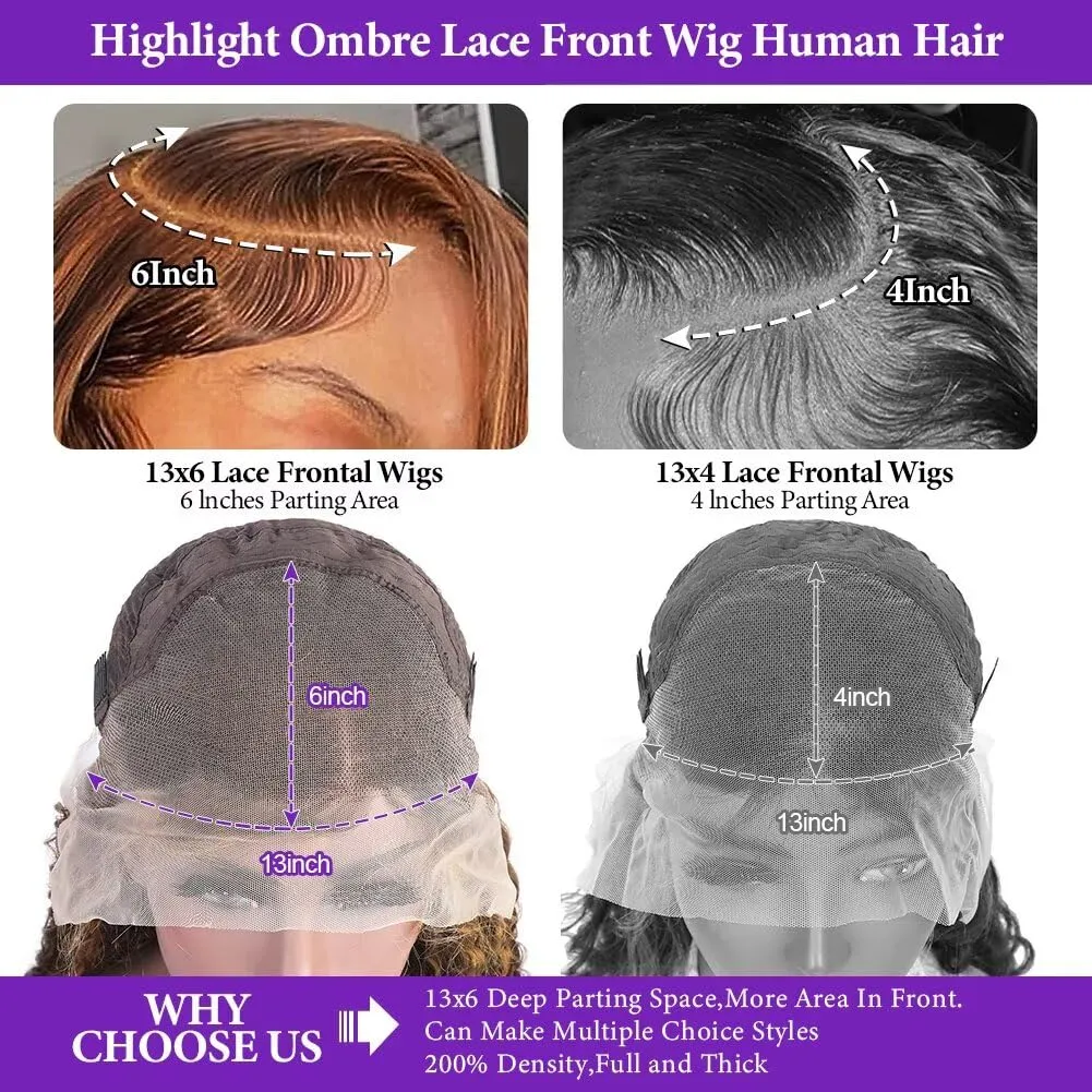 Highlight Deep Wave Lace Front Wigs Human Hair 34 Inch 13x6 HD Transparent Lace Front Wigs 200 Density 1/30 Glueless Ombre Brown Curly Wig for Women Pre Plucked with Baby Hair