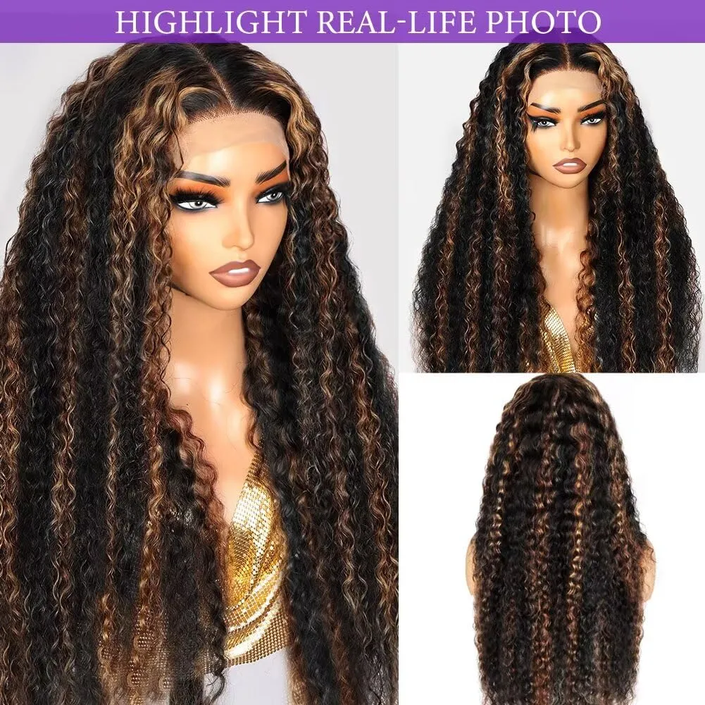 Highlight Deep Wave Lace Front Wigs Human Hair 34 Inch 13x6 HD Transparent Lace Front Wigs 200 Density 1/30 Glueless Ombre Brown Curly Wig for Women Pre Plucked with Baby Hair