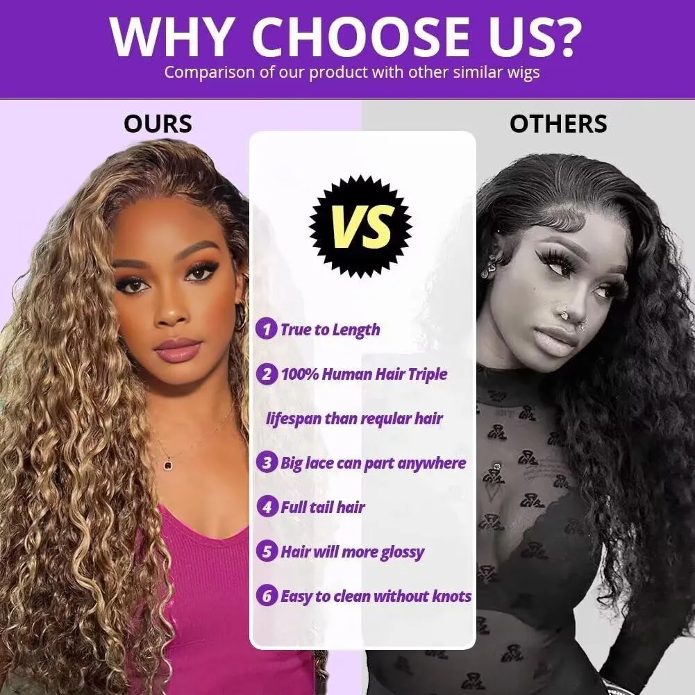 Highlight Deep Wave Lace Front Wigs Human Hair 34 Inch 13x6 HD Transparent Lace Front Wigs 200 Density 4/27 Glueless Ombre Honey Blonde Curly Wig for Women Pre Plucked with Baby Hair