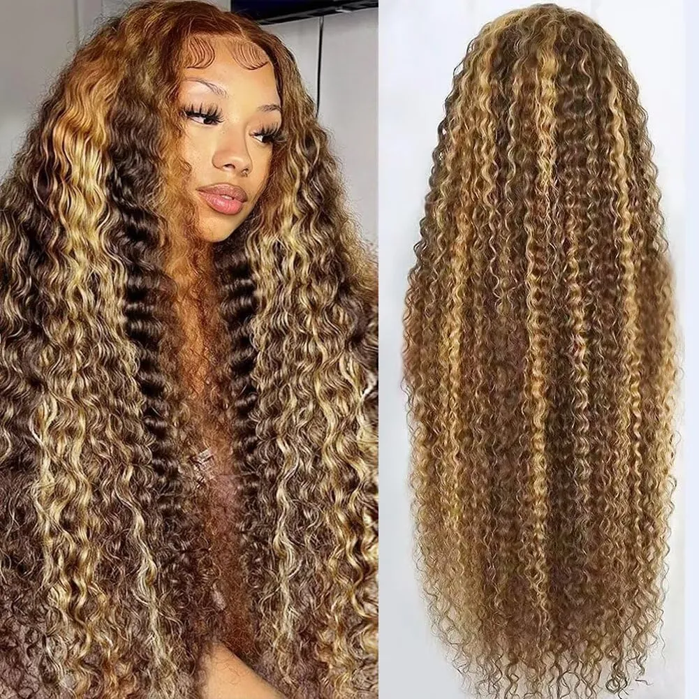 Highlight Deep Wave Lace Front Wigs Human Hair 34 Inch 13x6 HD Transparent Lace Front Wigs 200 Density 4/27 Glueless Ombre Honey Blonde Curly Wig for Women Pre Plucked with Baby Hair