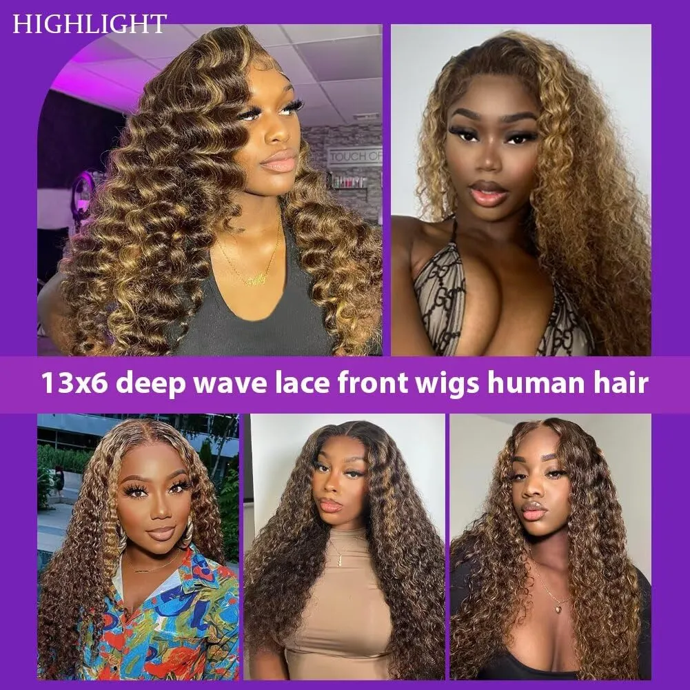 Highlight Deep Wave Lace Front Wigs Human Hair 34 Inch 13x6 HD Transparent Lace Front Wigs 200 Density 4/27 Glueless Ombre Honey Blonde Curly Wig for Women Pre Plucked with Baby Hair