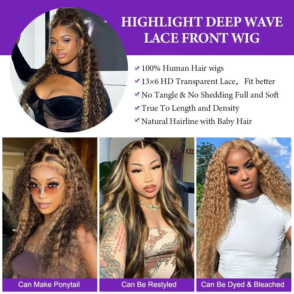 Highlight Deep Wave Lace Front Wigs Human Hair 34 Inch 13x6 HD Transparent Lace Front Wigs 200 Density 4/27 Glueless Ombre Honey Blonde Curly Wig for Women Pre Plucked with Baby Hair