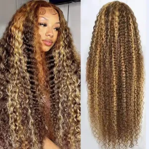 Highlight Deep Wave Lace Front Wigs Human Hair 34 Inch 13x6 HD Transparent Lace Front Wigs 200 Density 4/27 Glueless Ombre Honey Blonde Curly Wig for Women Pre Plucked with Baby Hair
