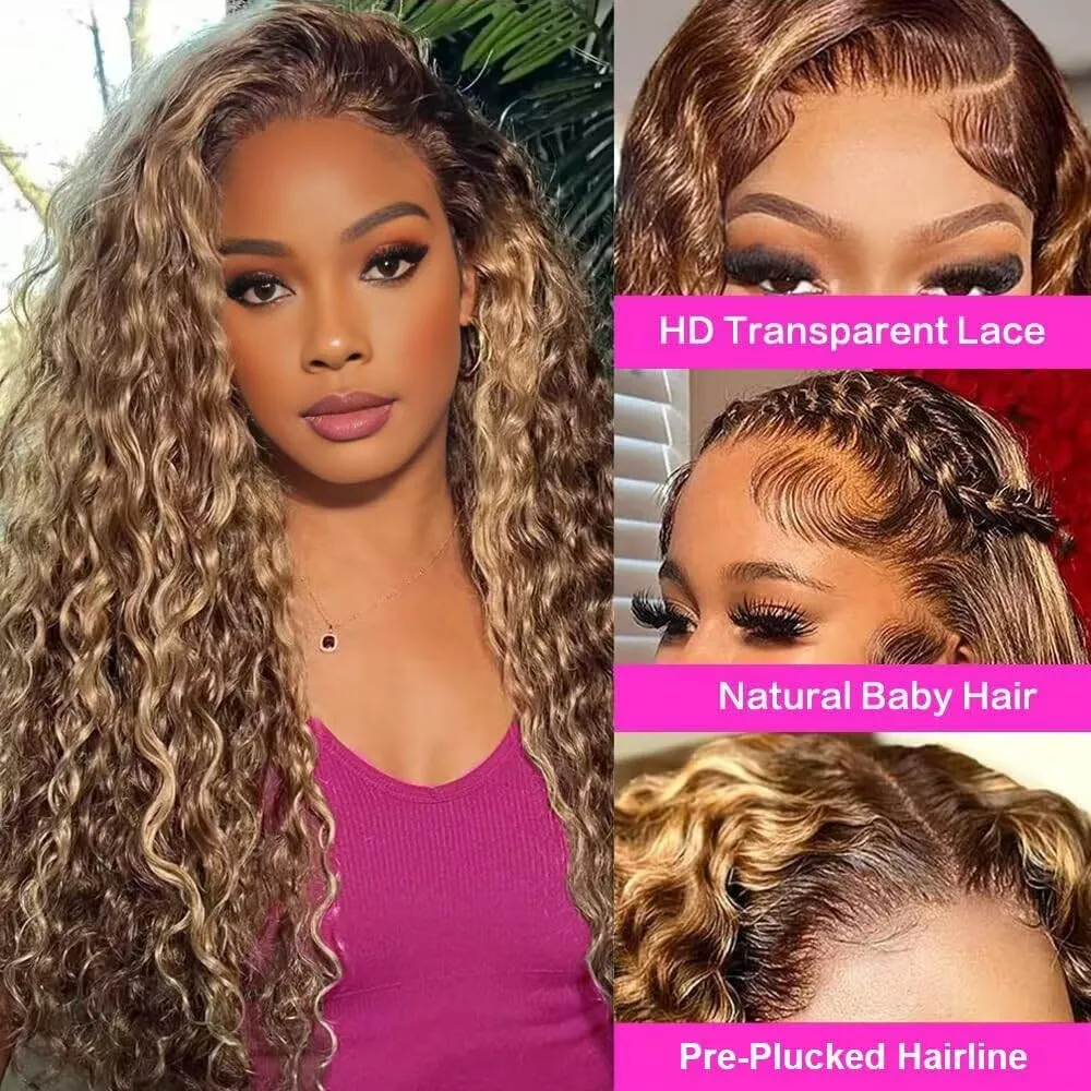 Highlight Deep Wave Lace Front Wigs Human Hair 34 Inch 13x6 HD Transparent Lace Front Wigs 200 Density 4/27 Glueless Ombre Honey Blonde Curly Wig for Women Pre Plucked with Baby Hair