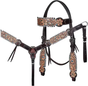 HILASON Western Horse Headstall American Leather Dark Brown | Leather Headstall | Leather Breast Collar | Tack Set for Horses