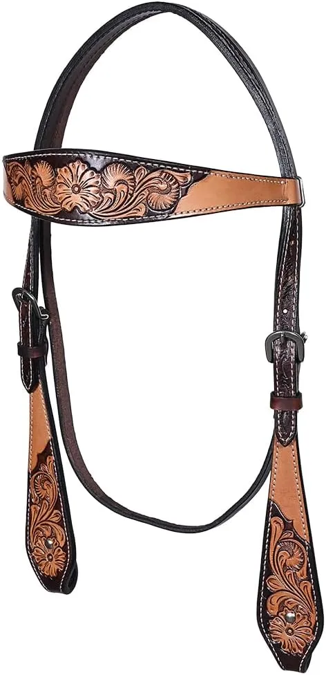 HILASON Western Leather Horse Headstall & Breast Collar Floral Carved Tan | Leather Headstall | Leather Breast Collar