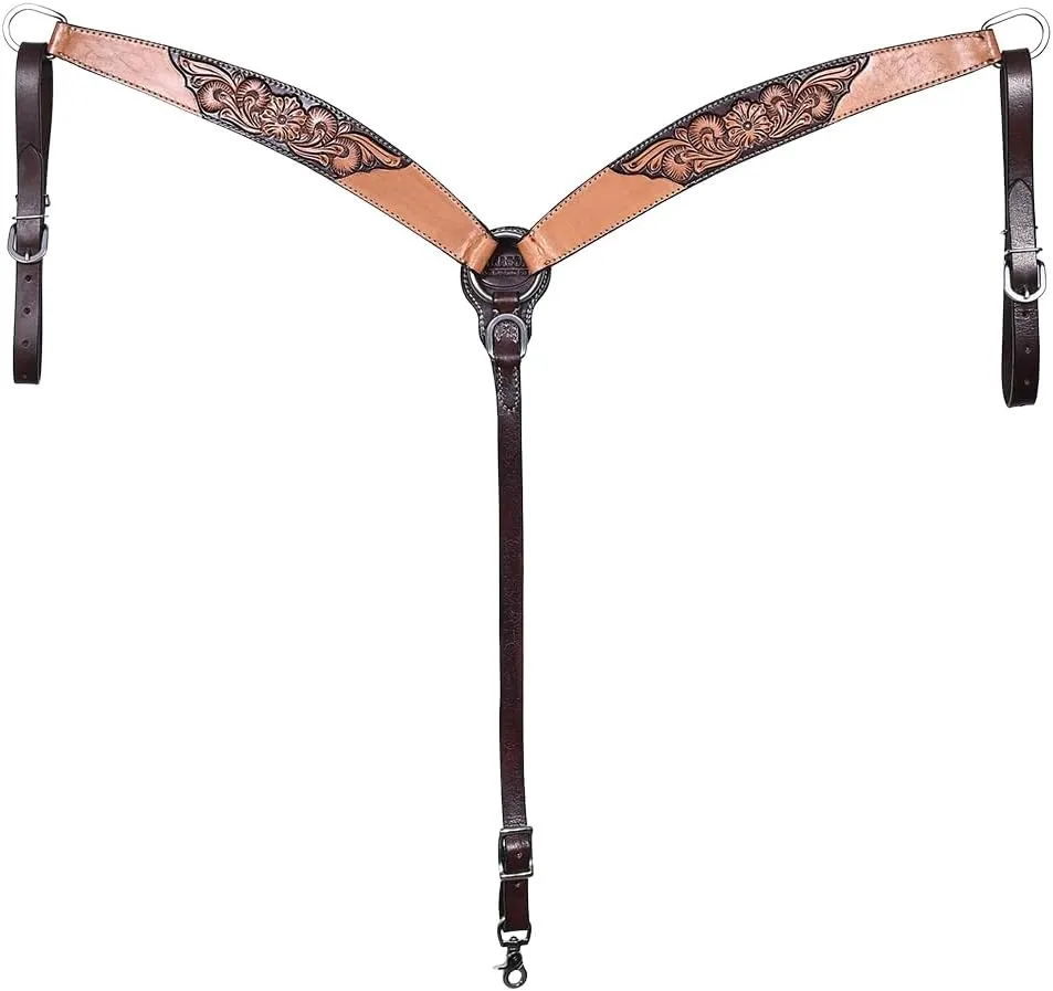 HILASON Western Leather Horse Headstall & Breast Collar Floral Carved Tan | Leather Headstall | Leather Breast Collar