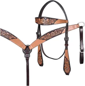 HILASON Western Leather Horse Headstall & Breast Collar Floral Carved Tan | Leather Headstall | Leather Breast Collar