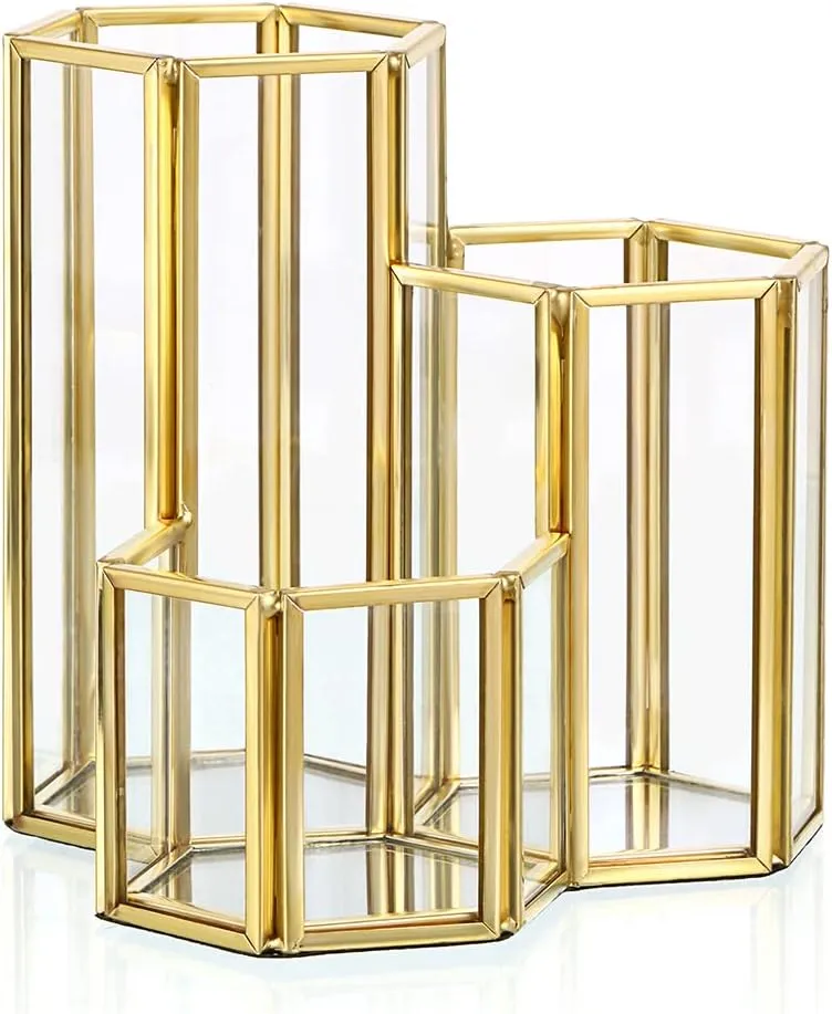 Hipiwe 3 Slots Glass Makeup Brush Holder - Gold Hexagon Cosmetics Brush Eyeliners Display Cup Home Decorative Makeup Organizer Desktop Pen/Pencil Pot Holder for Office