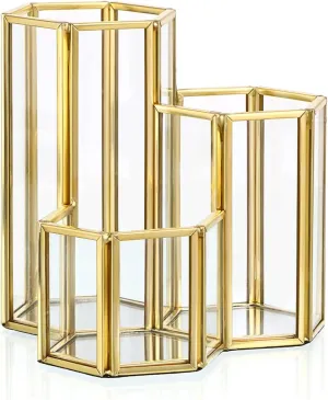 Hipiwe 3 Slots Glass Makeup Brush Holder - Gold Hexagon Cosmetics Brush Eyeliners Display Cup Home Decorative Makeup Organizer Desktop Pen/Pencil Pot Holder for Office