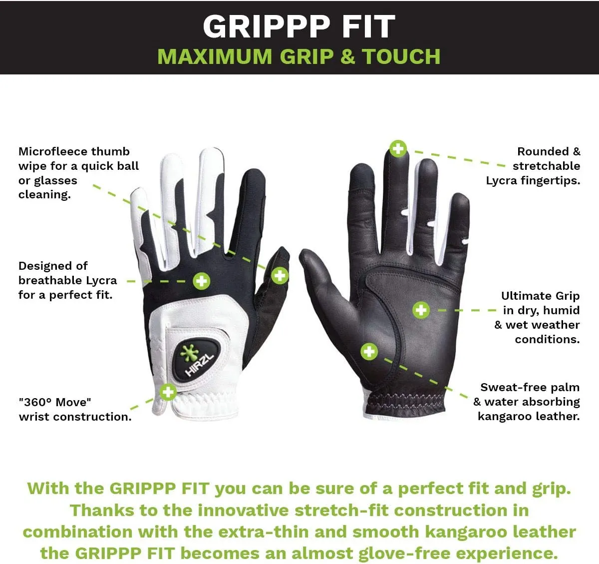 HIRZL GRIPPP FIT Golf Glove – All Weather Mens Golf Glove (White/Black) | Kangaroo Leather & Lycra | Ultimate Grip in Wet or Dry Conditions