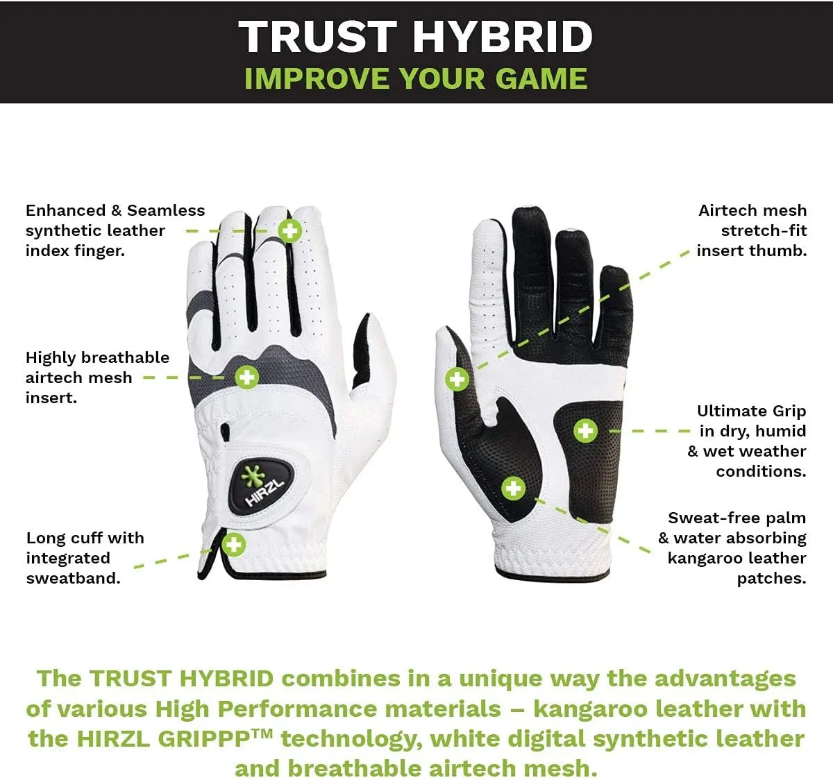 HIRZL Trust Hybrid - Women’s All-Weather Golf Glove | Kangaroo Leather | Ultimate Grip & Ergonomic Fit | White/Black (Pack of 3)