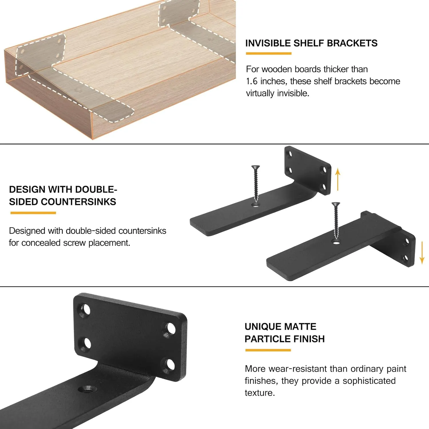 HITOMEN Heavy Duty Floating Shelf Brackets, 6-Inch (1/5'' Thick) Hidden Shelves Hardware, Cast Iron L Brackets, Rustic Industrial Black Metal Wall Shelving Supports, 4 Pack