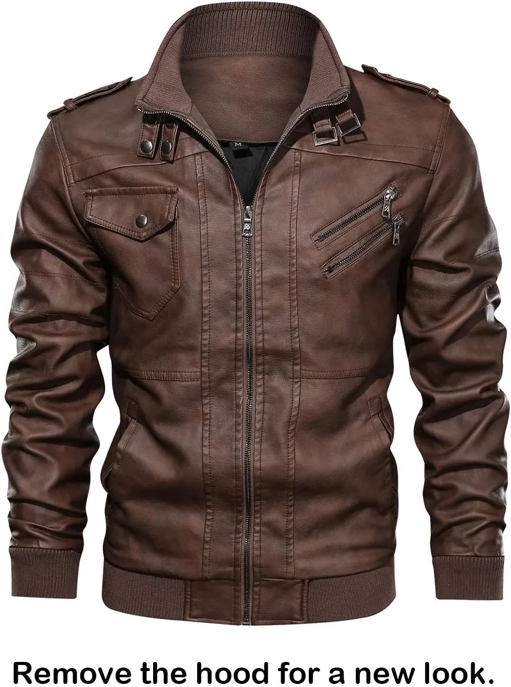 HOOD CREW Men’s Casual Stand Collar PU Faux Leather Zip-Up Motorcycle Bomber Jacket With a Removable Hood